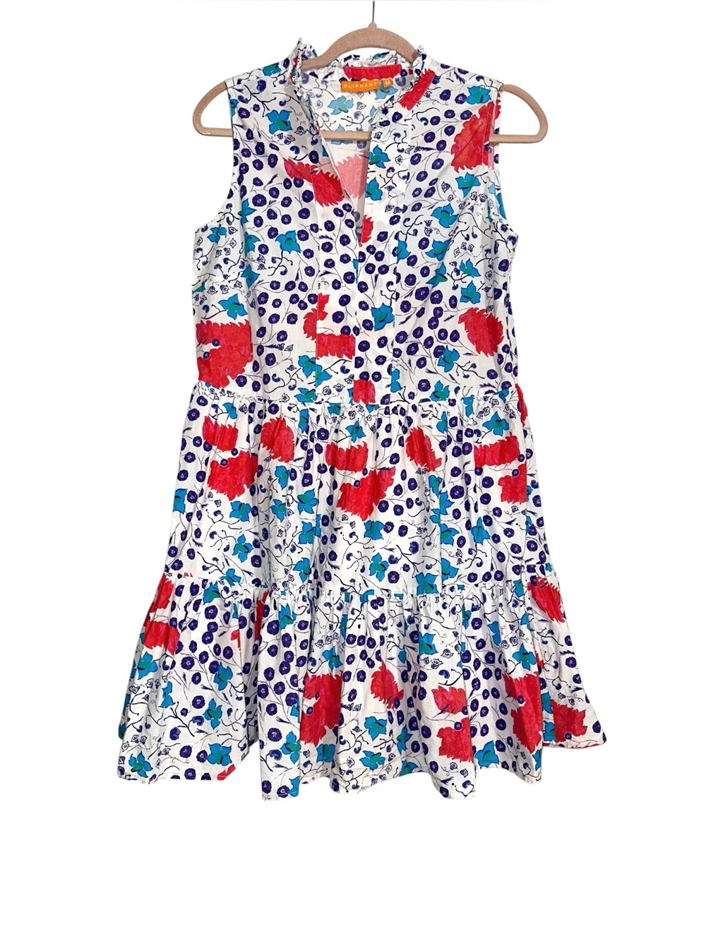 Oliphant Split Neck White Floral Printed Sleeveless Cotton Tiered Dress MEDIUM